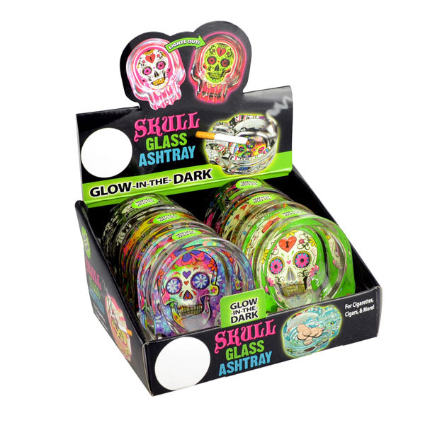 Glow Sugar Skull Glass Ashtray | 2.75"x3.75" | 6pc Display