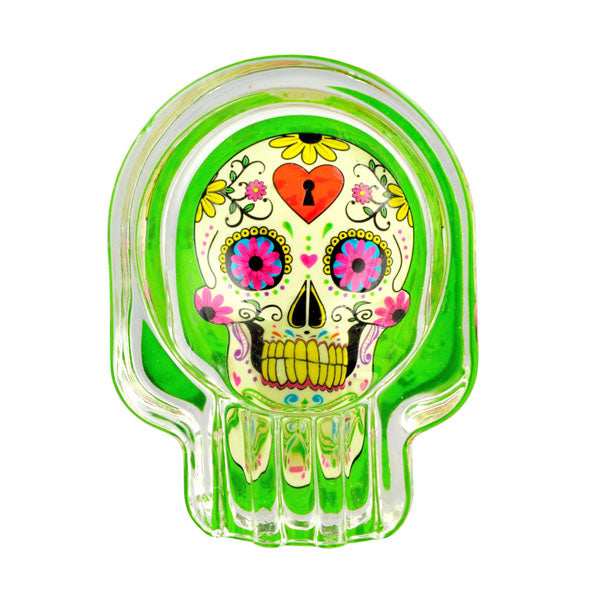 Glow Sugar Skull Glass Ashtray | 2.75"x3.75" | 6pc Display