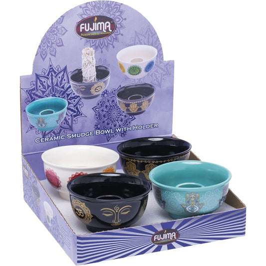 4CT DISPLAY - Fujima Ceramic Smudge Bowl with Holder - 2.25" / Assorted Colors