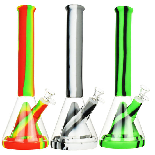 Striped Silicone & Glass Water Pipe - 14" | 14mm F | Colors Vary