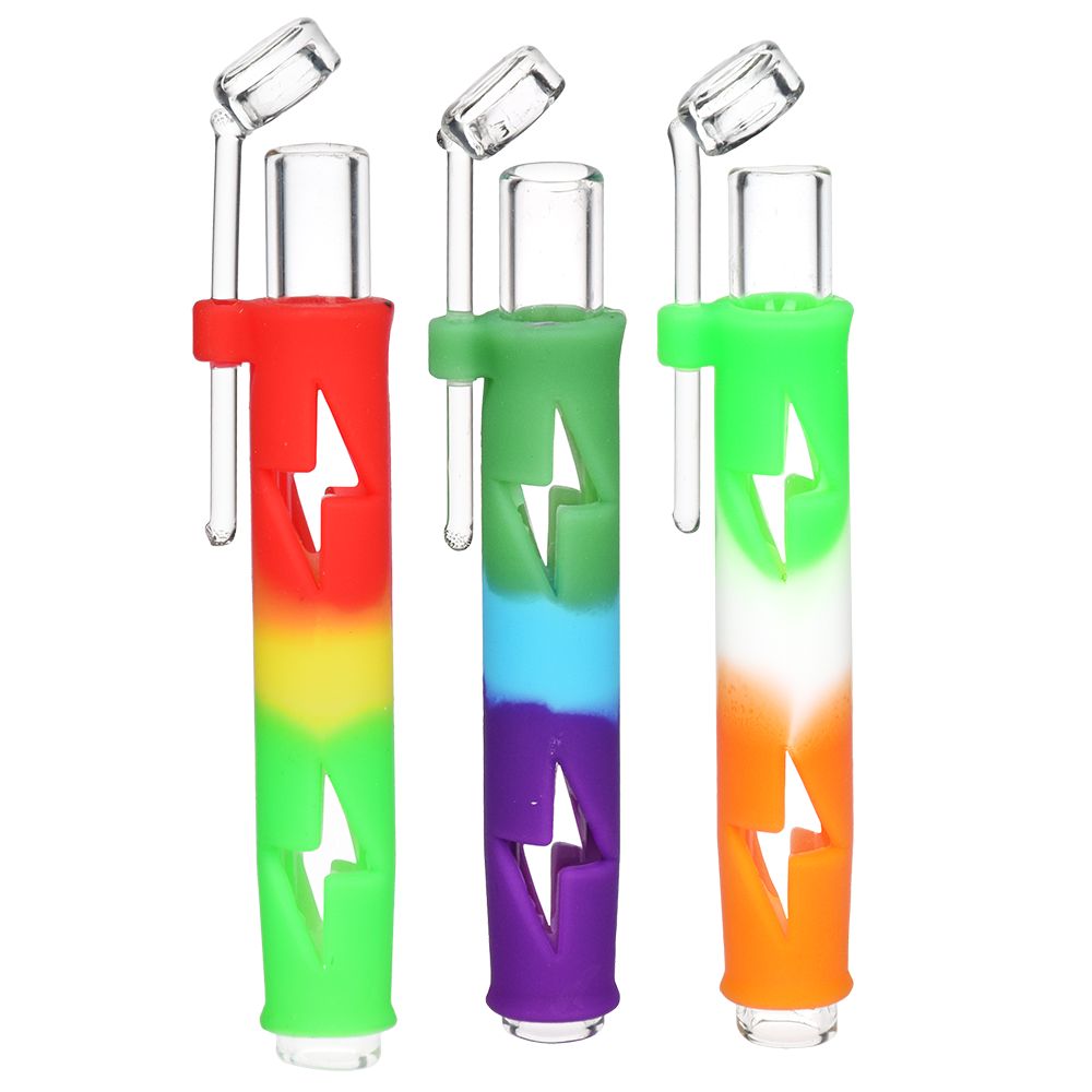 10CT BUNDLE - Lightning Cut Silicone & Glass Concentrate Taster Pipe - 4.5"/ Assorted Colors