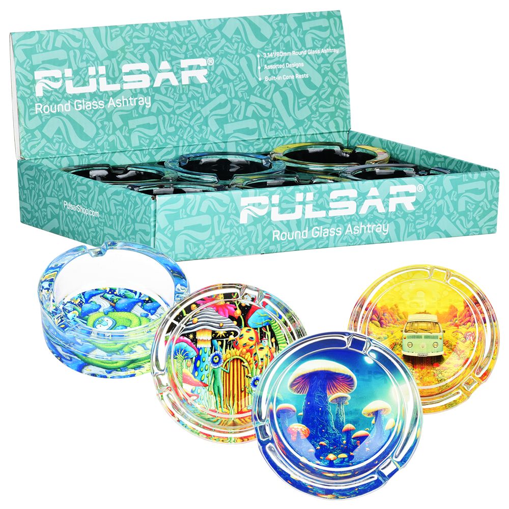 6CT DISPLAY - Pulsar Design Series Round Glass Ashtray - 3.4" / Assorted Designs