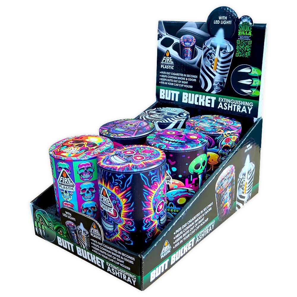 6CT DISPLAY - Smokezilla Full Print Butt Bucket LED Light Ashtray - 4" / Assorted Designs