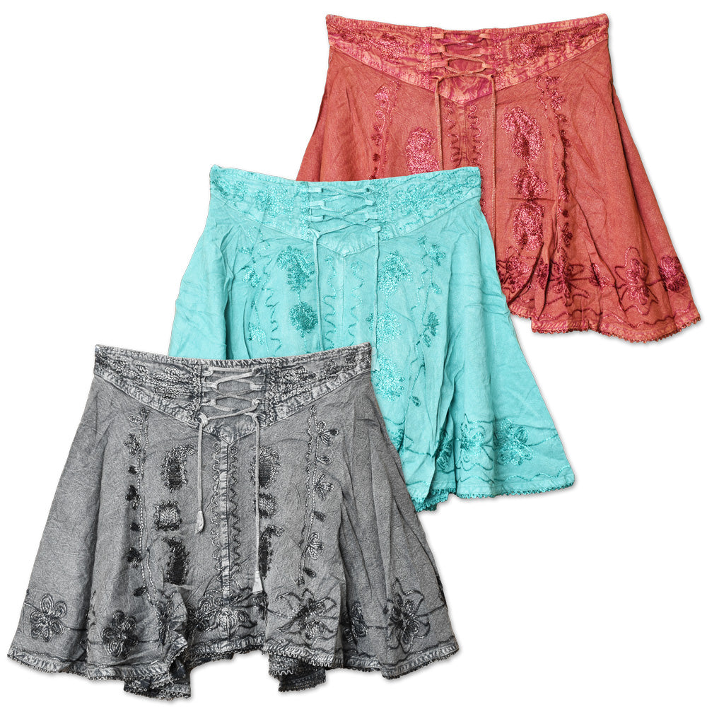 ThreadHeads Acid Wash Embroidered Lace Tie Front Skirt - One Size / Colors Vary