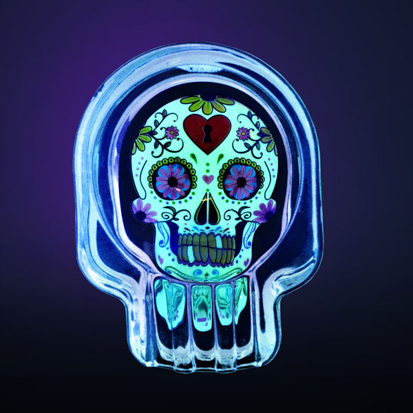 Glow Sugar Skull Glass Ashtray | 2.75"x3.75" | 6pc Display