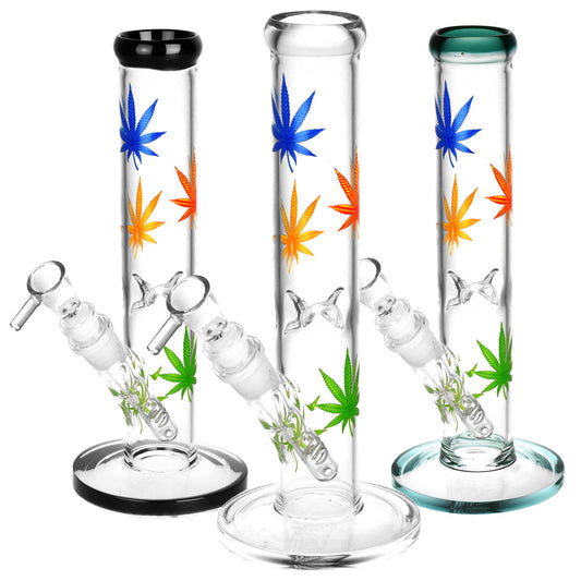 Hemp Leaf Straight Tube Water Pipe | 9.75" | 14mm F | Colors Vary