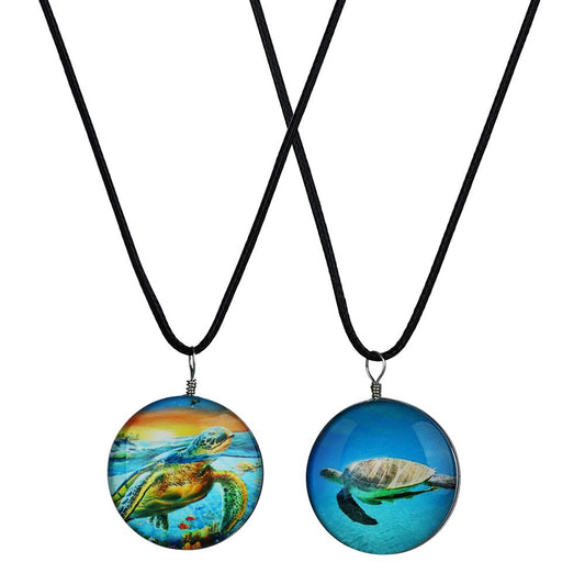 Sea Turtle Round Glass Pendant Necklace - 18" / Designs Vary