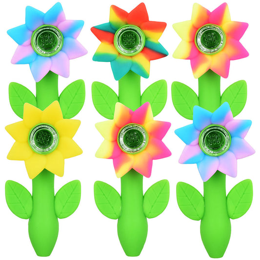 6PC Bundle - Sunflower Silicone Hand Pipe - 4.75" / Assorted Colors DISPLAY