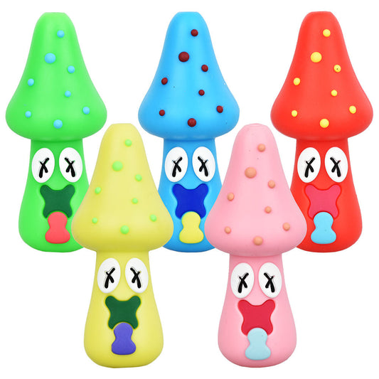 5PC SET - Spacey Facey Mushroom Silicone Hand Pipe - 3" / Assorted Colors DISPLAY