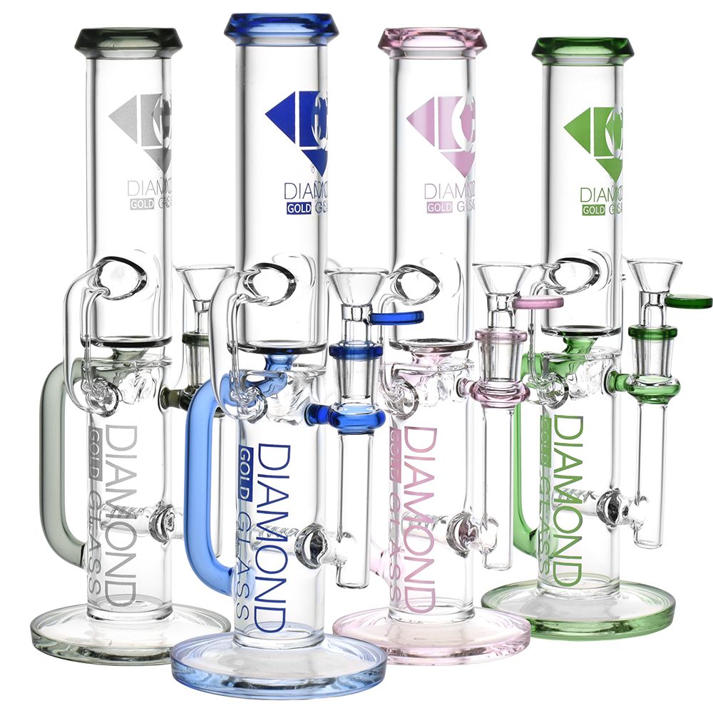 Diamond Glass Gold Inline Perc Recycler Water Pipe - 11" / 14mm F / Colors Vary