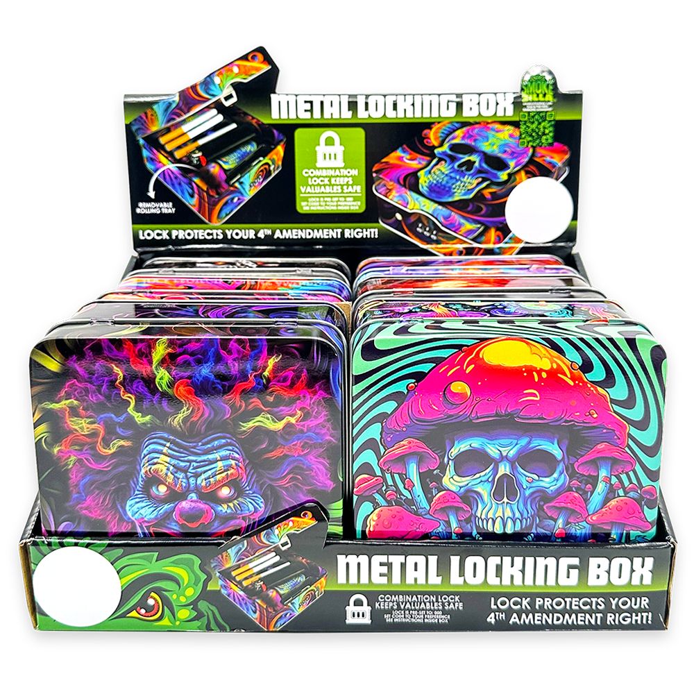 6CT DISPLAY - Smokezilla Metal Combo Lock Box & Mini Rolling Tray - 5"x5" / Assorted Designs