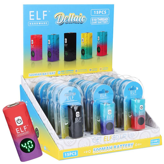 15CT DISPLAY - ELF Hardware Deltaic 510 Cart Vape Battery - 500mAh / Assorted Colors