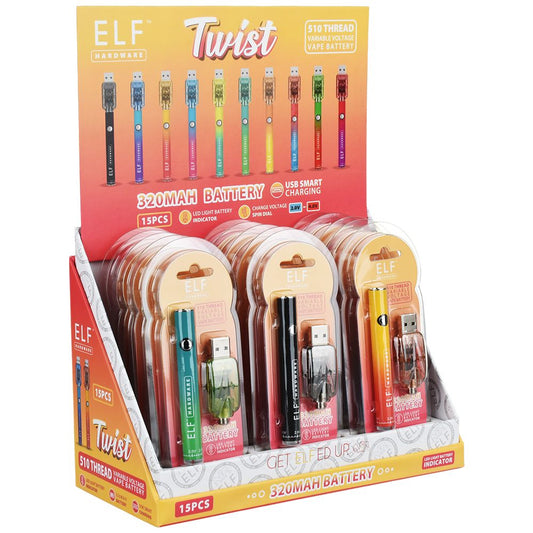 15CT DISPLAY - ELF Hardware Twist 510 Cart Vape Battery - 320mAh / Assorted Colors