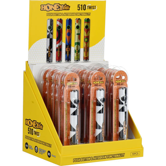 15CT DISPLAY - HoneyStick 510 Twist Design Series Battery - 650mAh / Assorted Designs