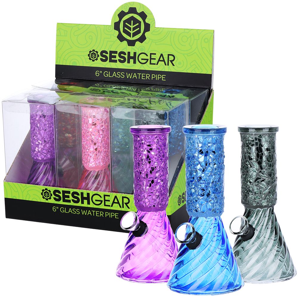 6CT DISPLAY - SeshGear Crystalline Beaker Mini Glass Water Pipe - 6" / Grommet / Assorted Colors